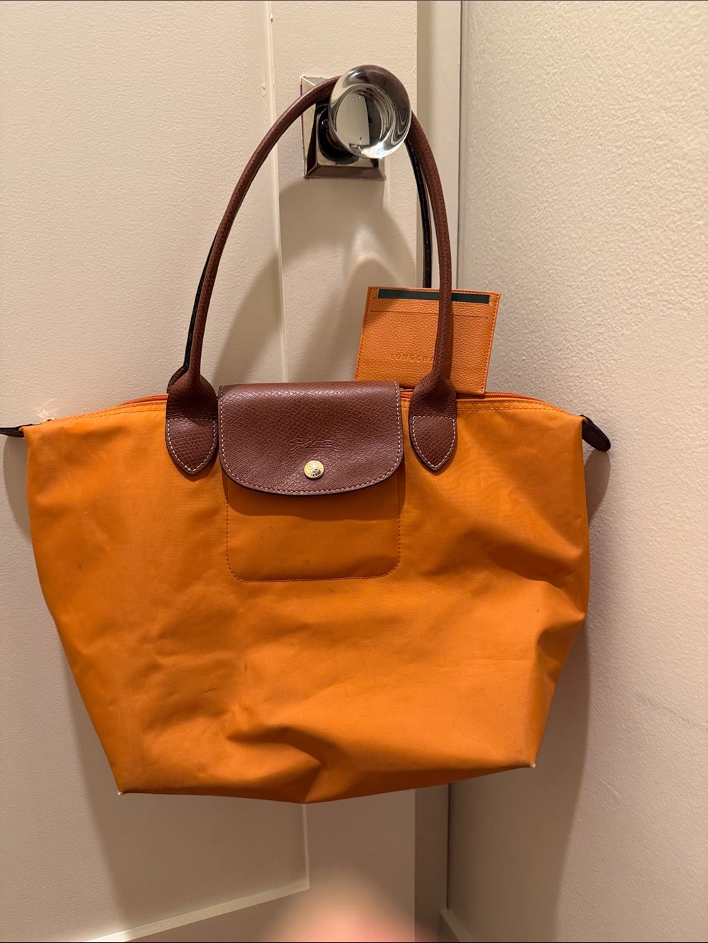 Longchamp Orange Tote and Cardholder with Brown Leather Trim